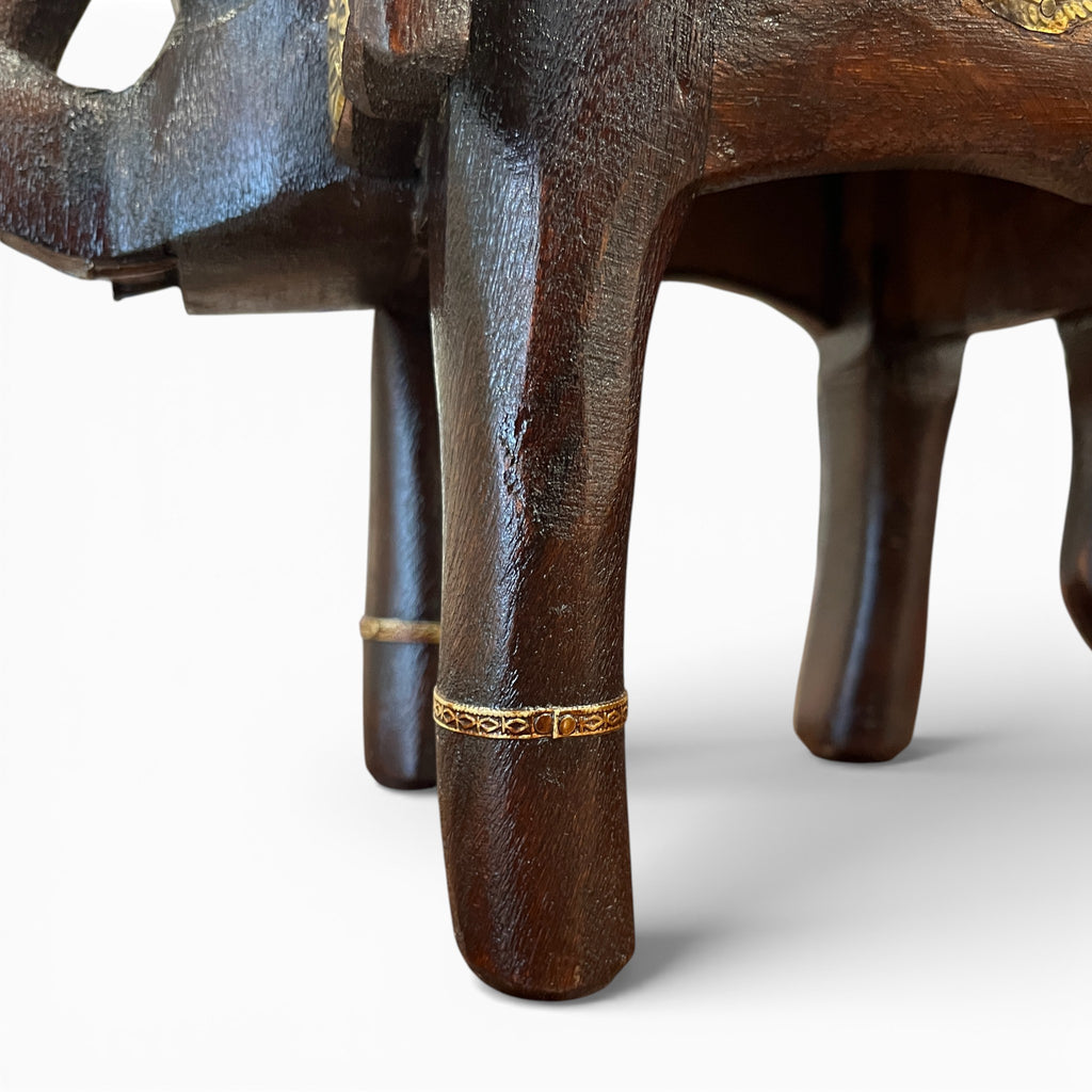Handcrafted Wooden Elephant Stool - Brown with Brass