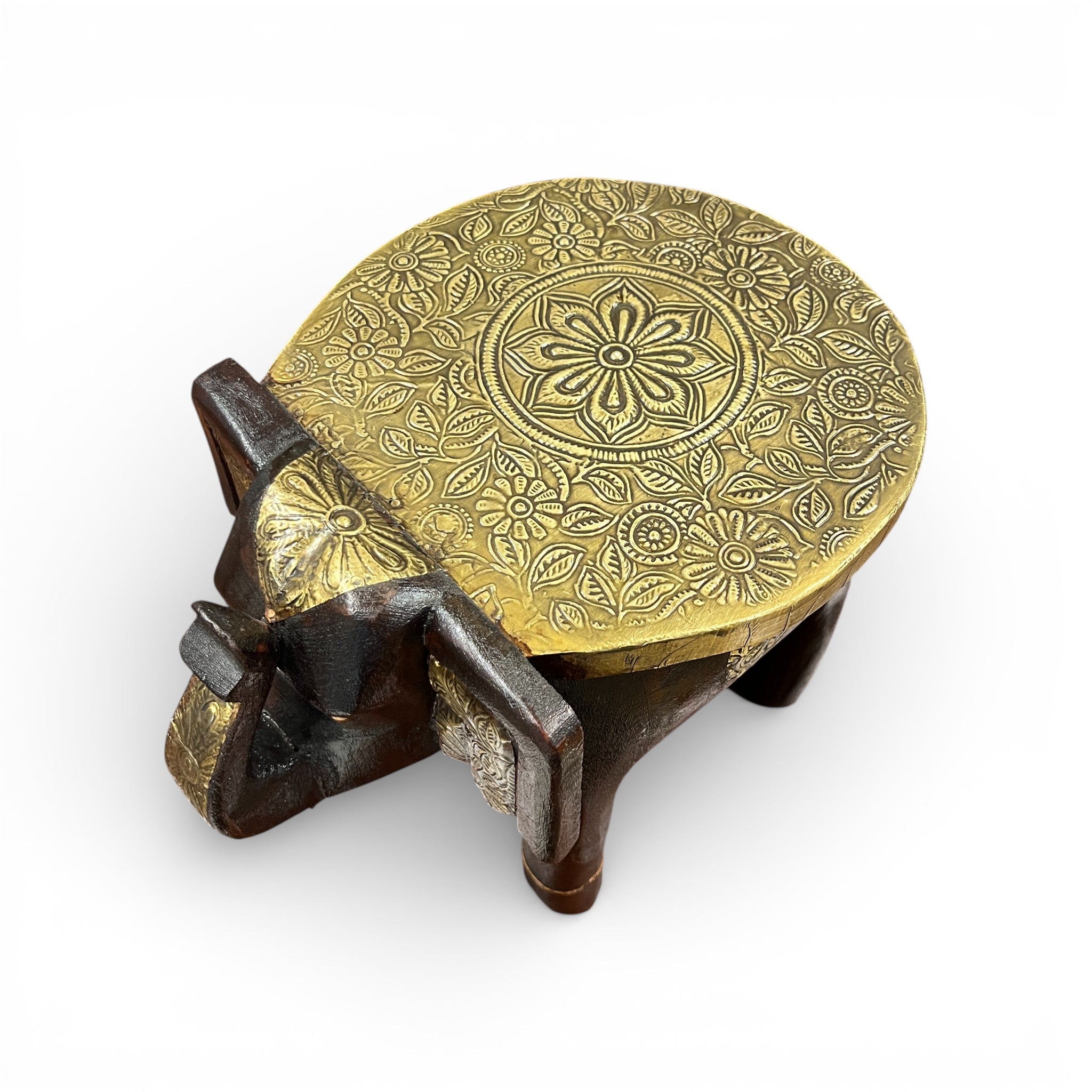 Handcrafted Wooden Elephant Stool - Brown with Brass