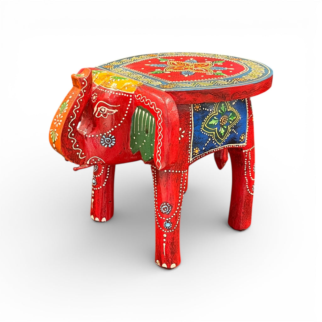 Handcrafted Wooden Elephant Stool - Red