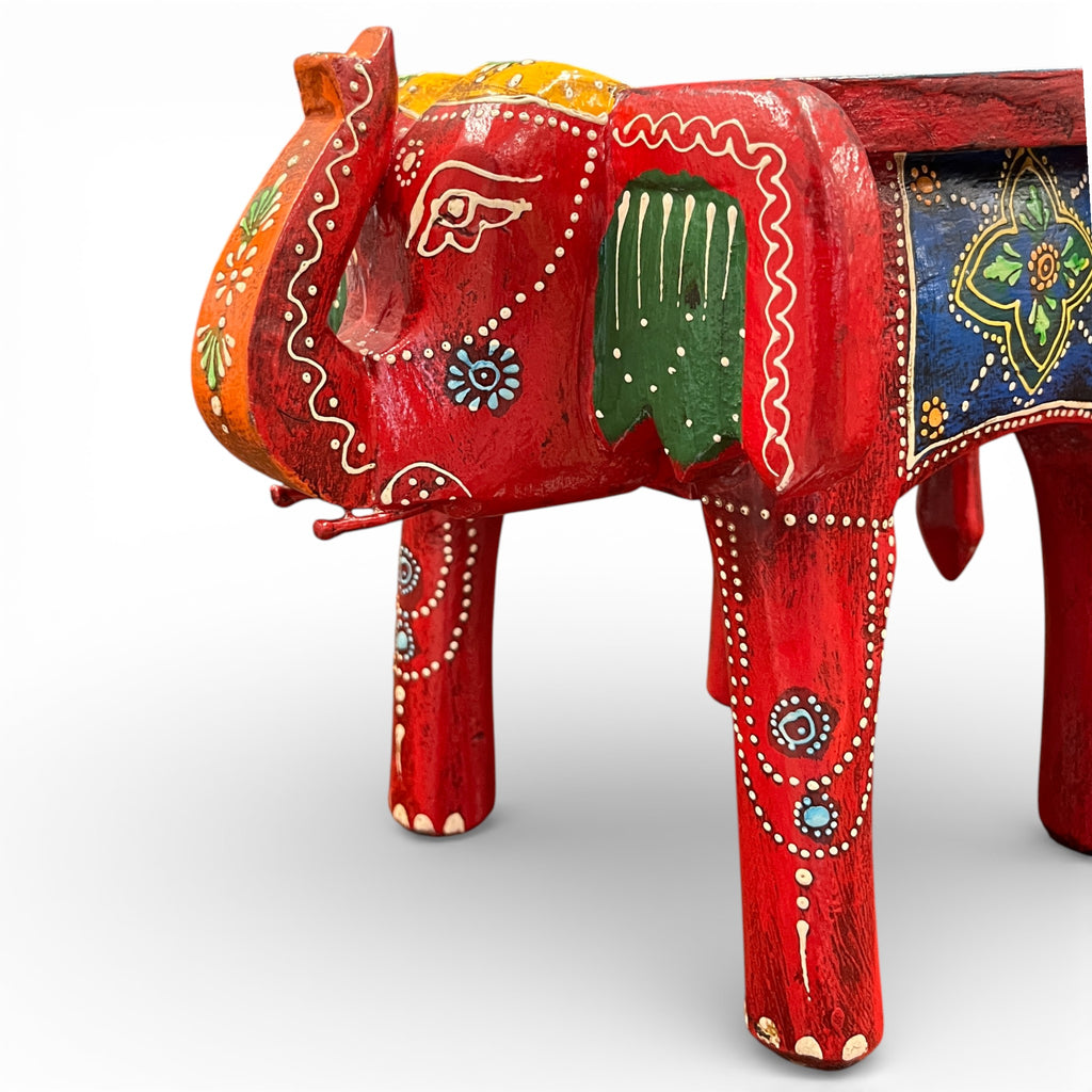 Handcrafted Wooden Elephant Stool - Red
