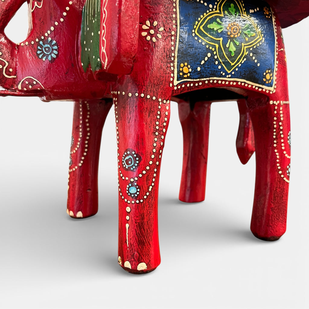 Handcrafted Wooden Elephant Stool - Red