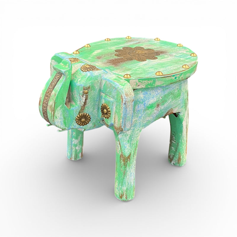Handcrafted Wooden Elephant Stool - Green