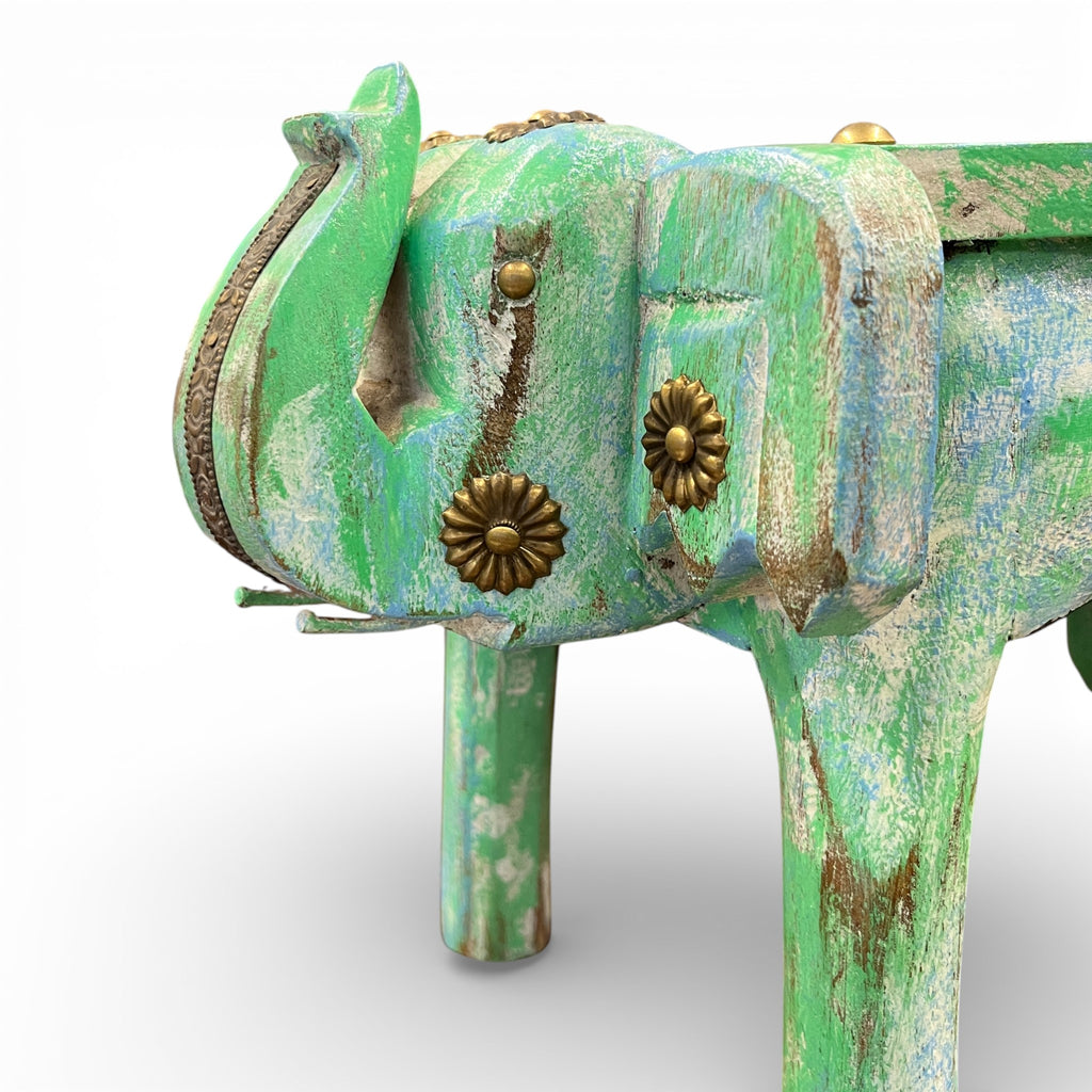 Handcrafted Wooden Elephant Stool - Green