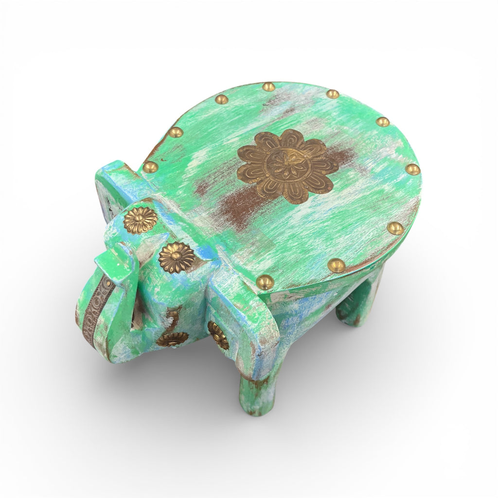 Handcrafted Wooden Elephant Stool - Green