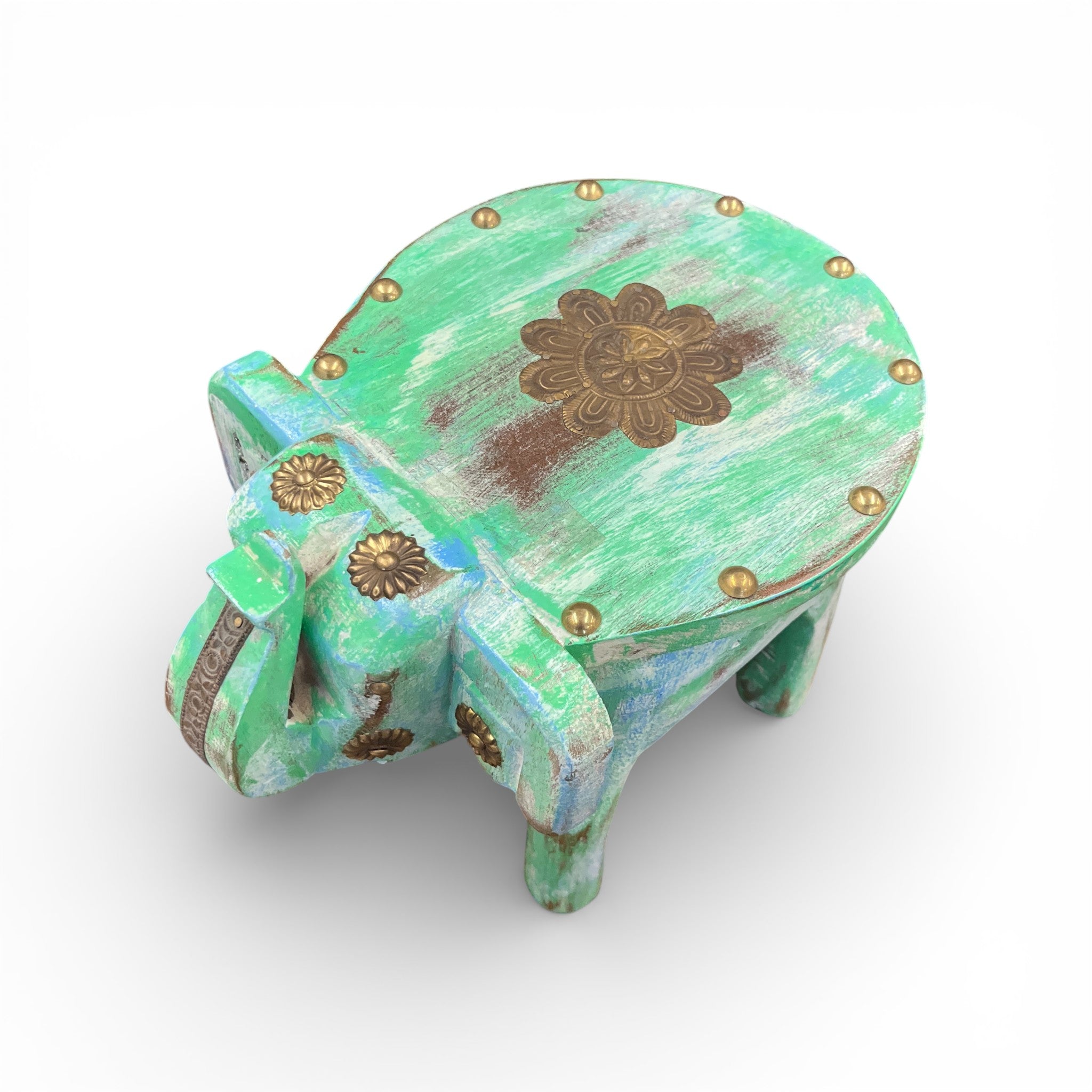 Handcrafted Wooden Elephant Stool - Green