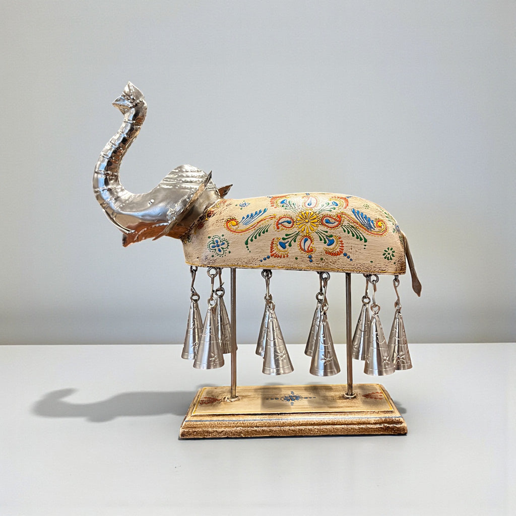 Hand painted Elephant Figurine with Bells - White