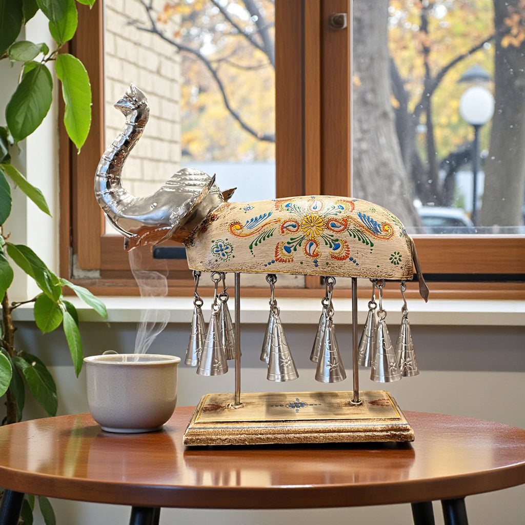 Hand painted Elephant Figurine with Bells - White