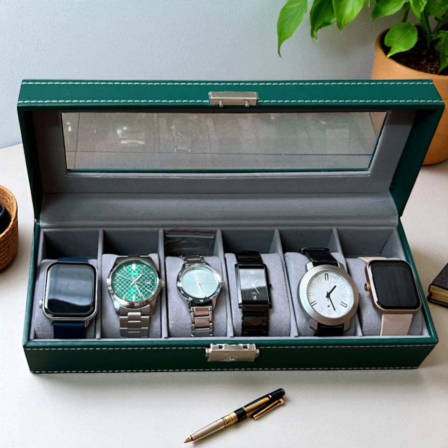 6 Slot Leather Watch Box - Green