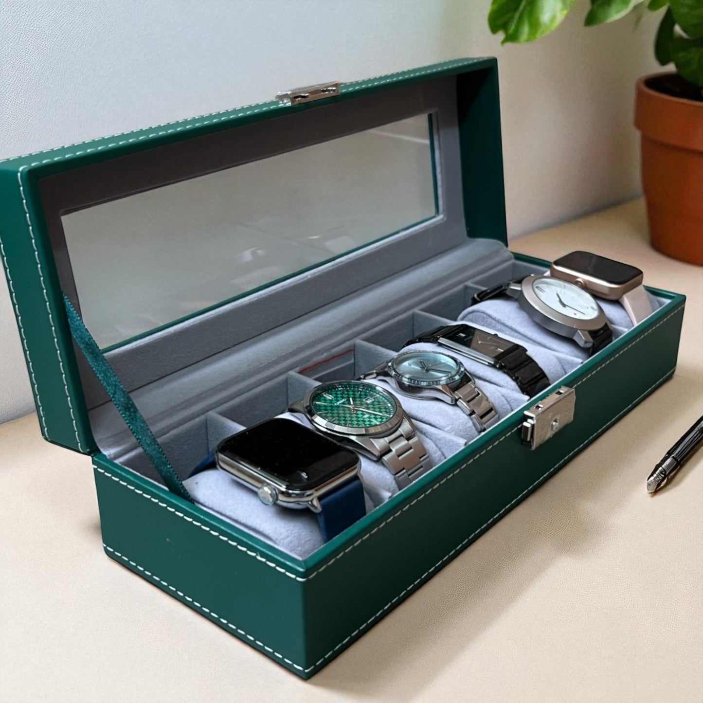 6 Slot Leather Watch Box - Green