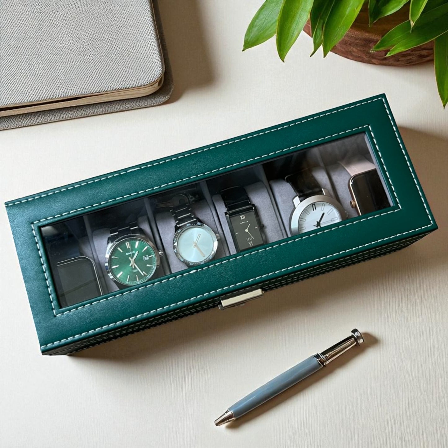 6 Slot Leather Watch Box - Green
