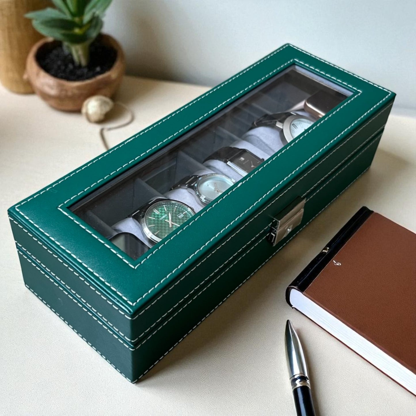 6 Slot Leather Watch Box - Green