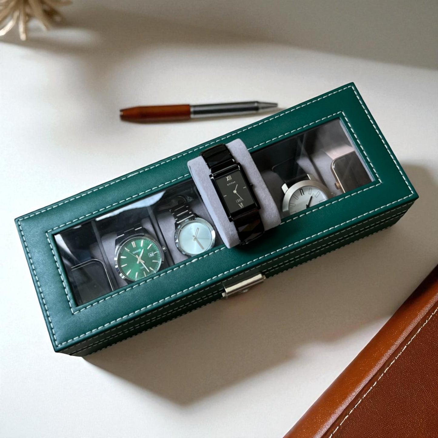 6 Slot Leather Watch Box - Green