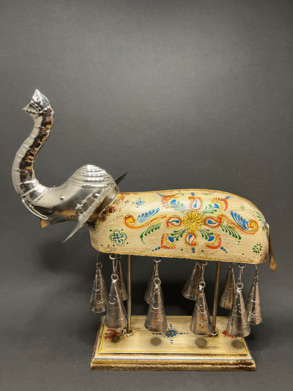 Hand painted Elephant Figurine with Bells - White