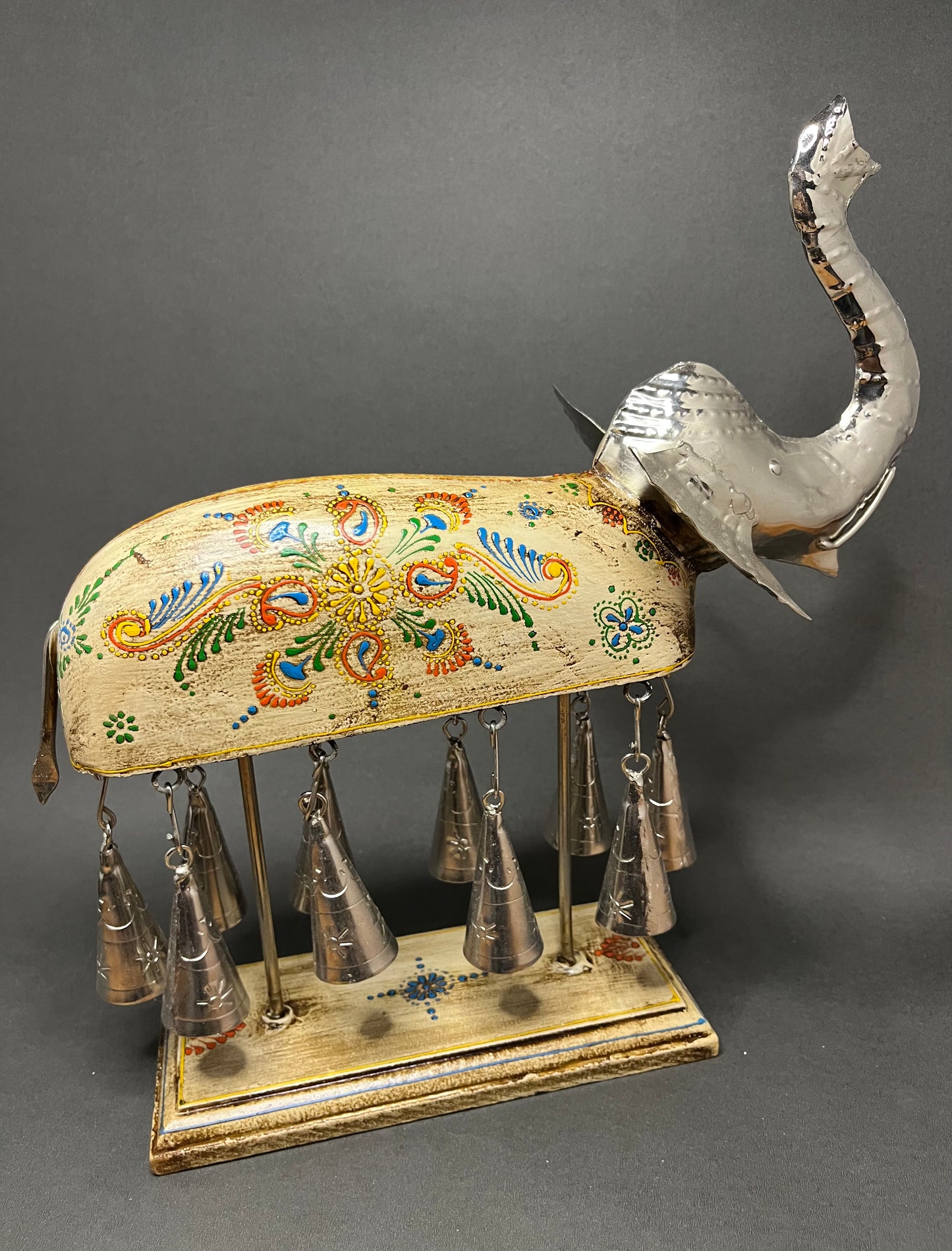 Hand painted Elephant Figurine with Bells - White