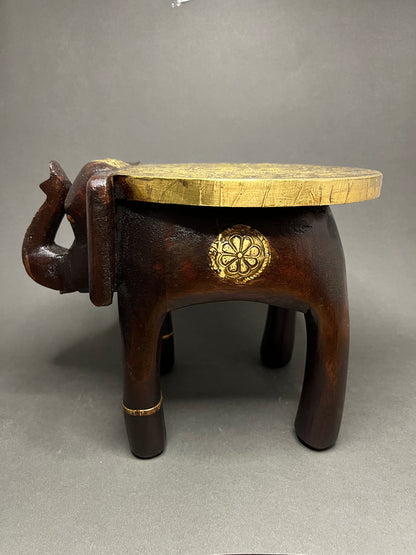 Handcrafted Wooden Elephant Stool - Brown with Brass