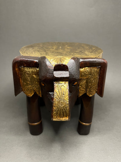 Handcrafted Wooden Elephant Stool - Brown with Brass
