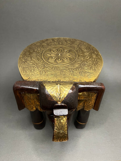 Handcrafted Wooden Elephant Stool - Brown with Brass