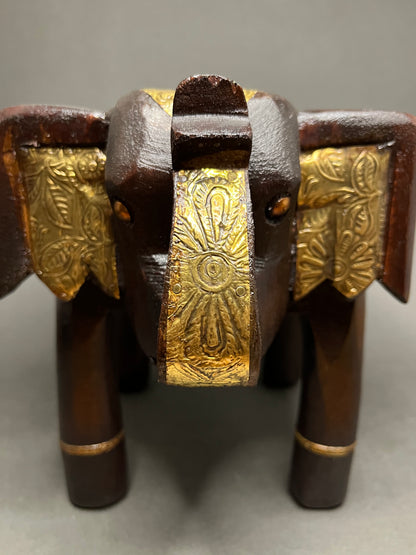 Handcrafted Wooden Elephant Stool - Brown with Brass