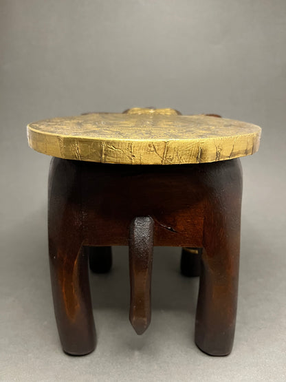 Handcrafted Wooden Elephant Stool - Brown with Brass