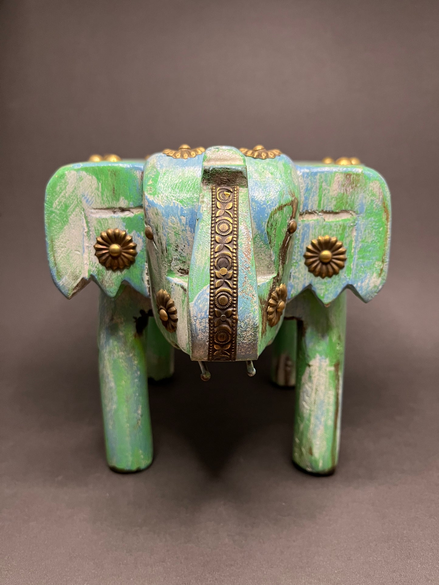 Handcrafted Wooden Elephant Stool - Green