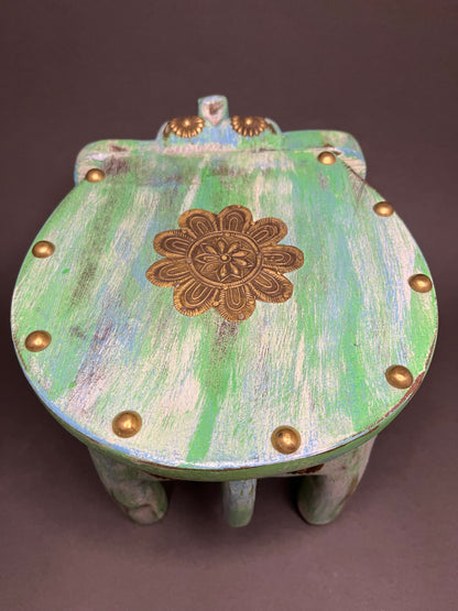Handcrafted Wooden Elephant Stool - Green