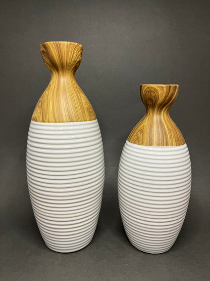 Modern Ceramic & Wood Vase Set