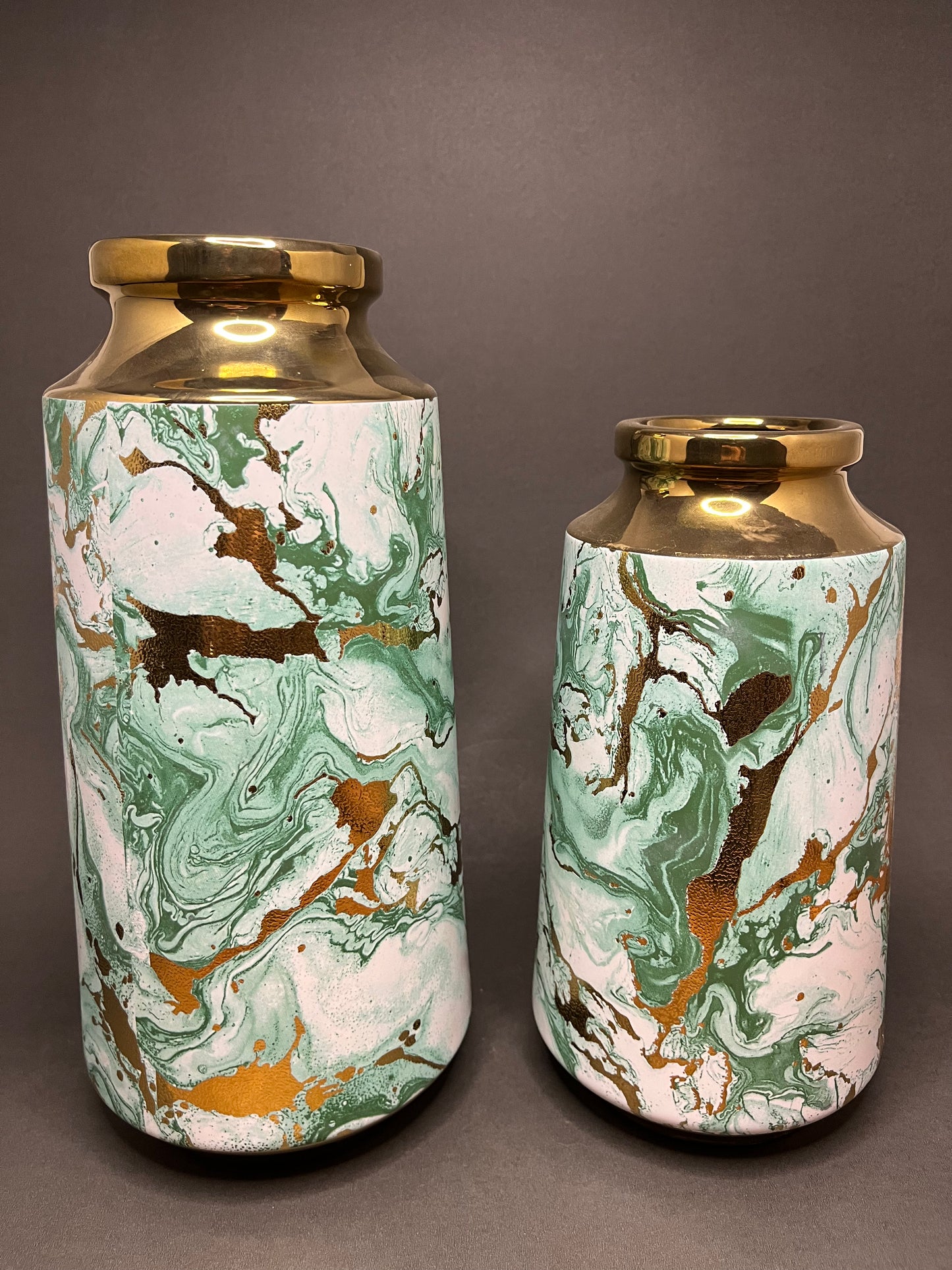 Green & Gold Marble Finish Vase Set