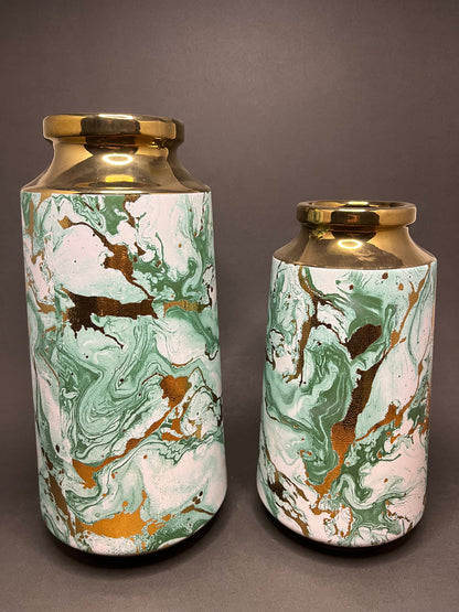 Green & Gold Marble Finish Vase Set
