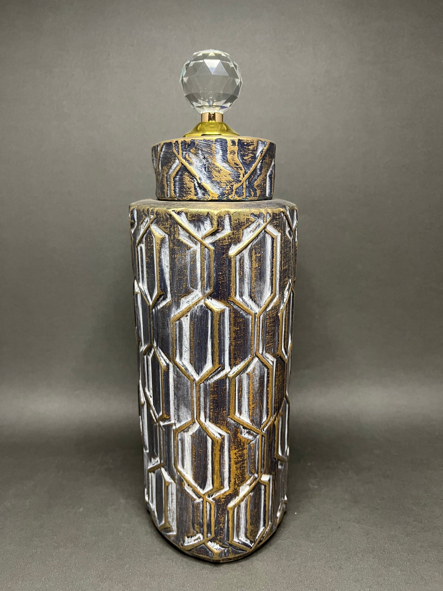 Vintage Geometric Decorative Jar with Crystal Knob