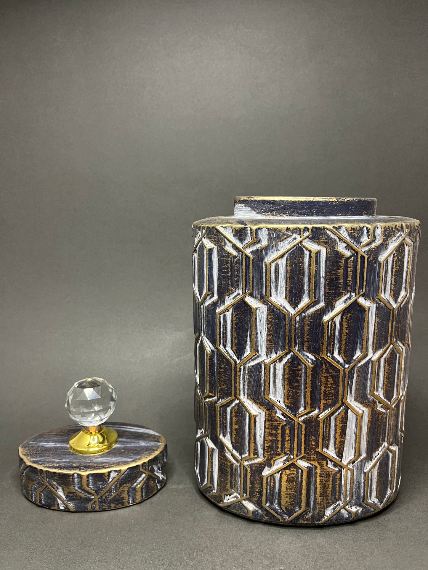 Vintage Geometric Decorative Jar with Crystal Knob