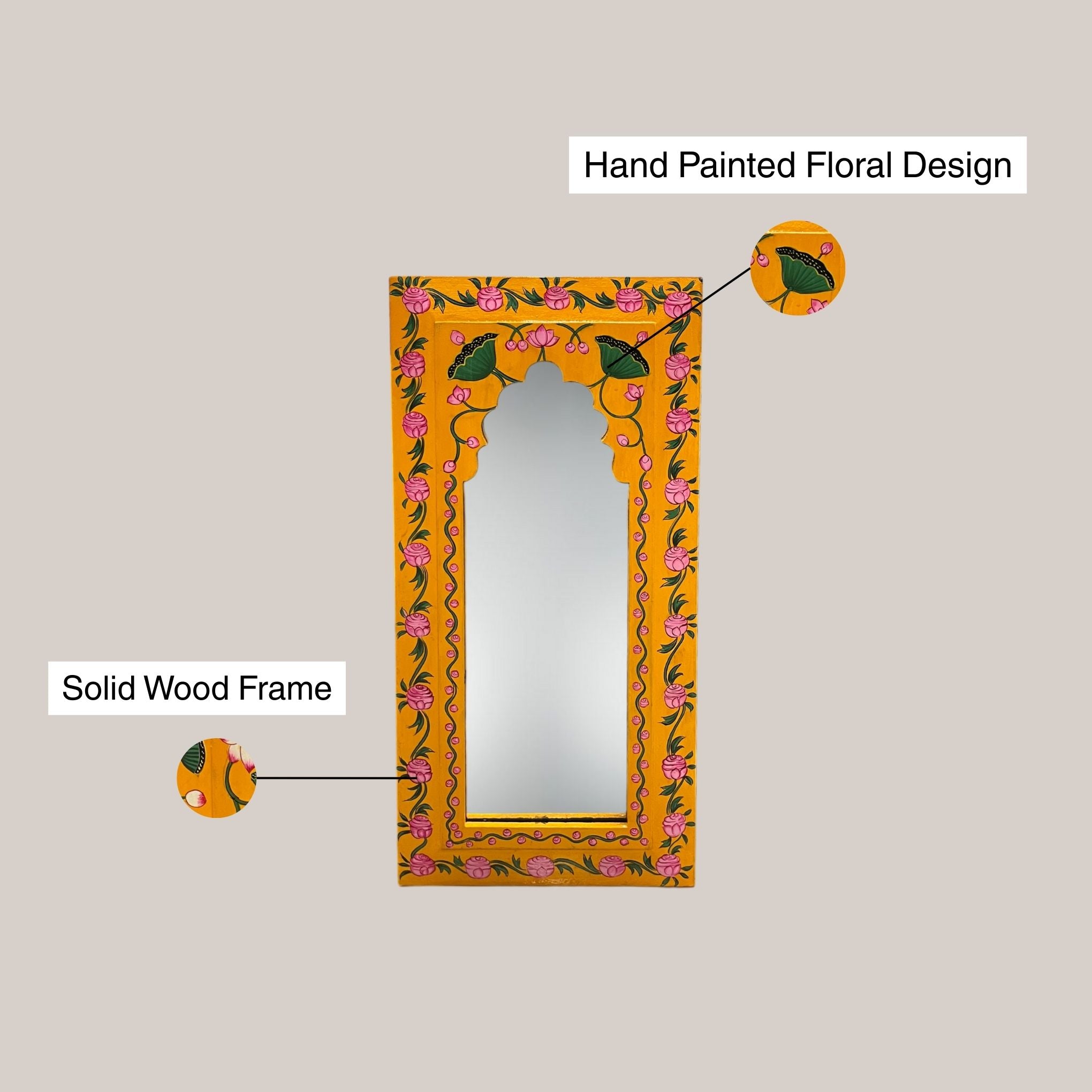 Hand Painted Yellow Mirror (Green Flower)