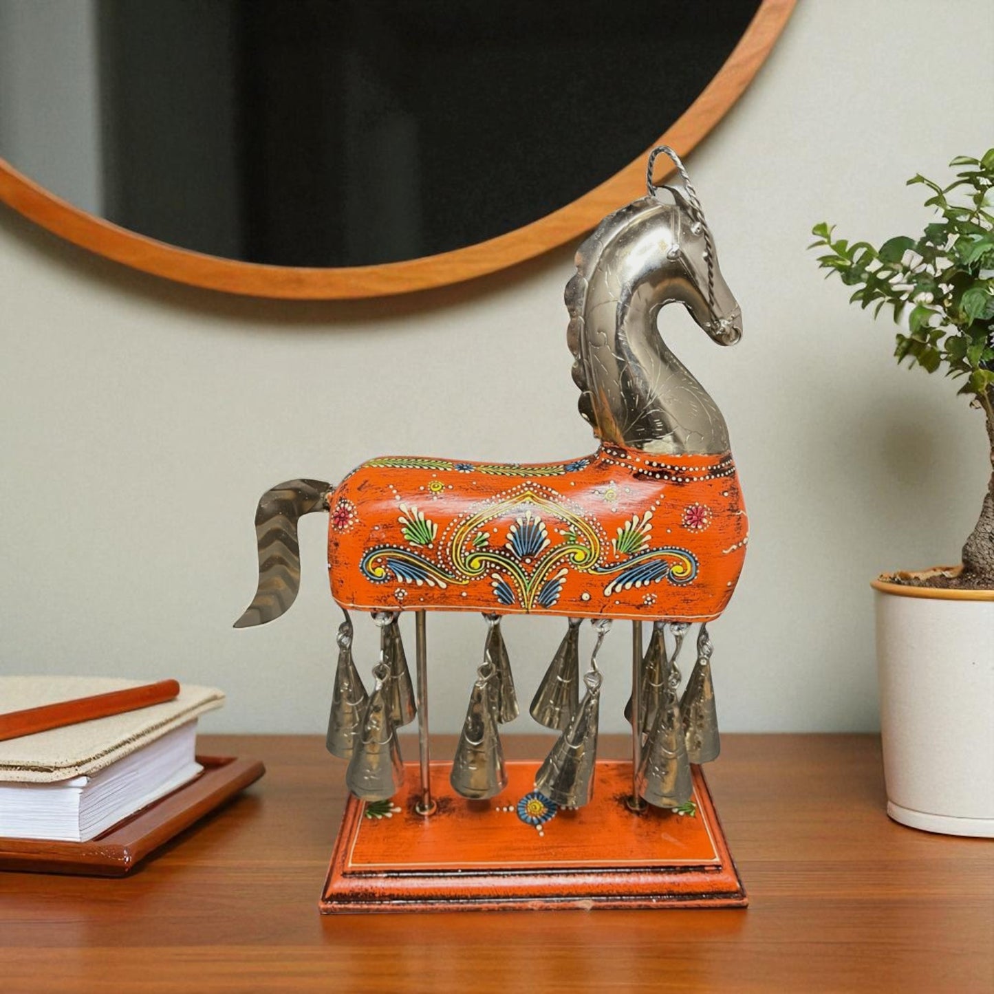 Handpainted Horse Figurine with Bells - Orange