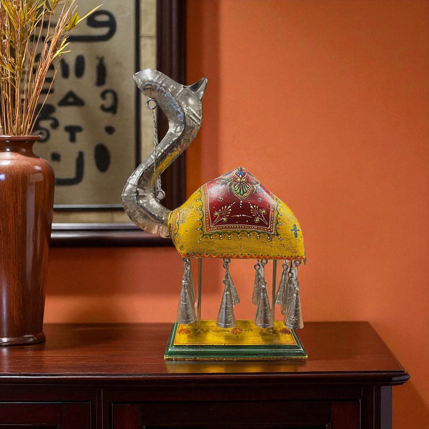 Handpainted Camel Figurine with Bells - Yellow