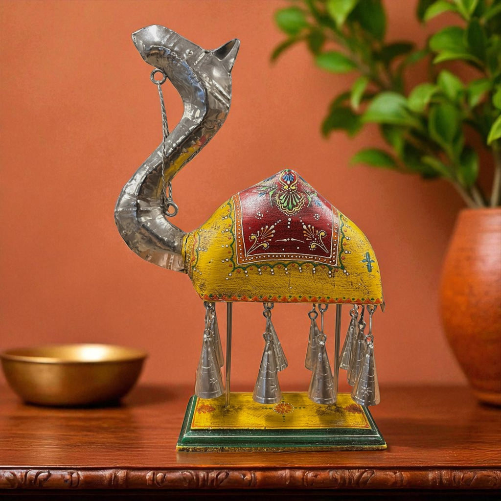 Handpainted Camel Figurine with Bells - Yellow