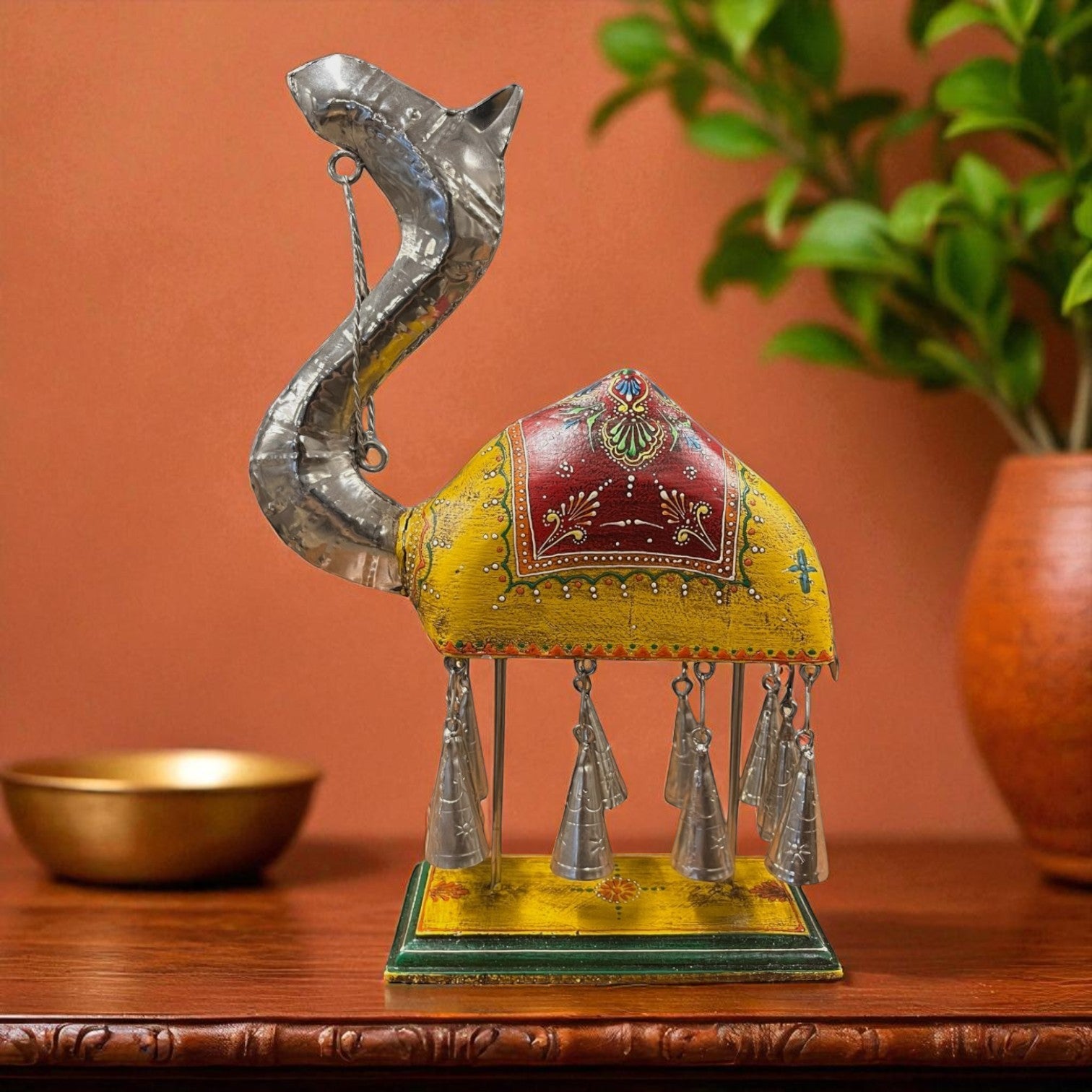 Handpainted Camel Figurine with Bells - Yellow