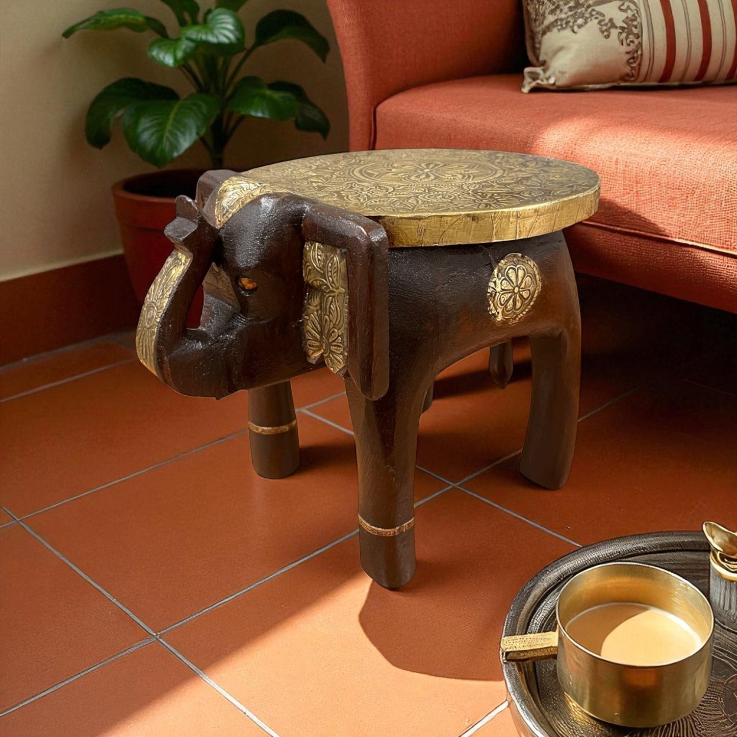 Handcrafted Wooden Elephant Stool - Brown with Brass