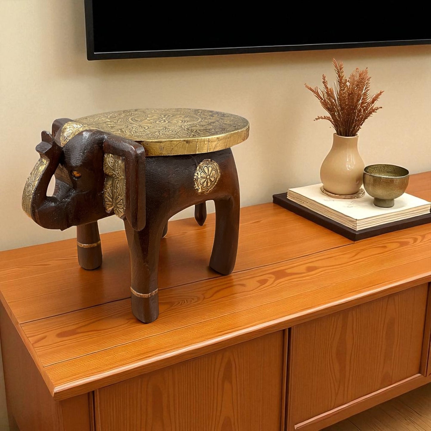 Handcrafted Wooden Elephant Stool - Brown with Brass