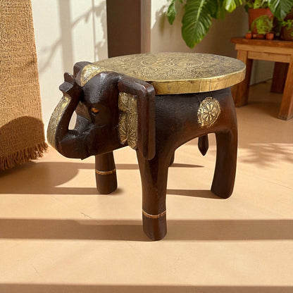 Handcrafted Wooden Elephant Stool - Brown with Brass
