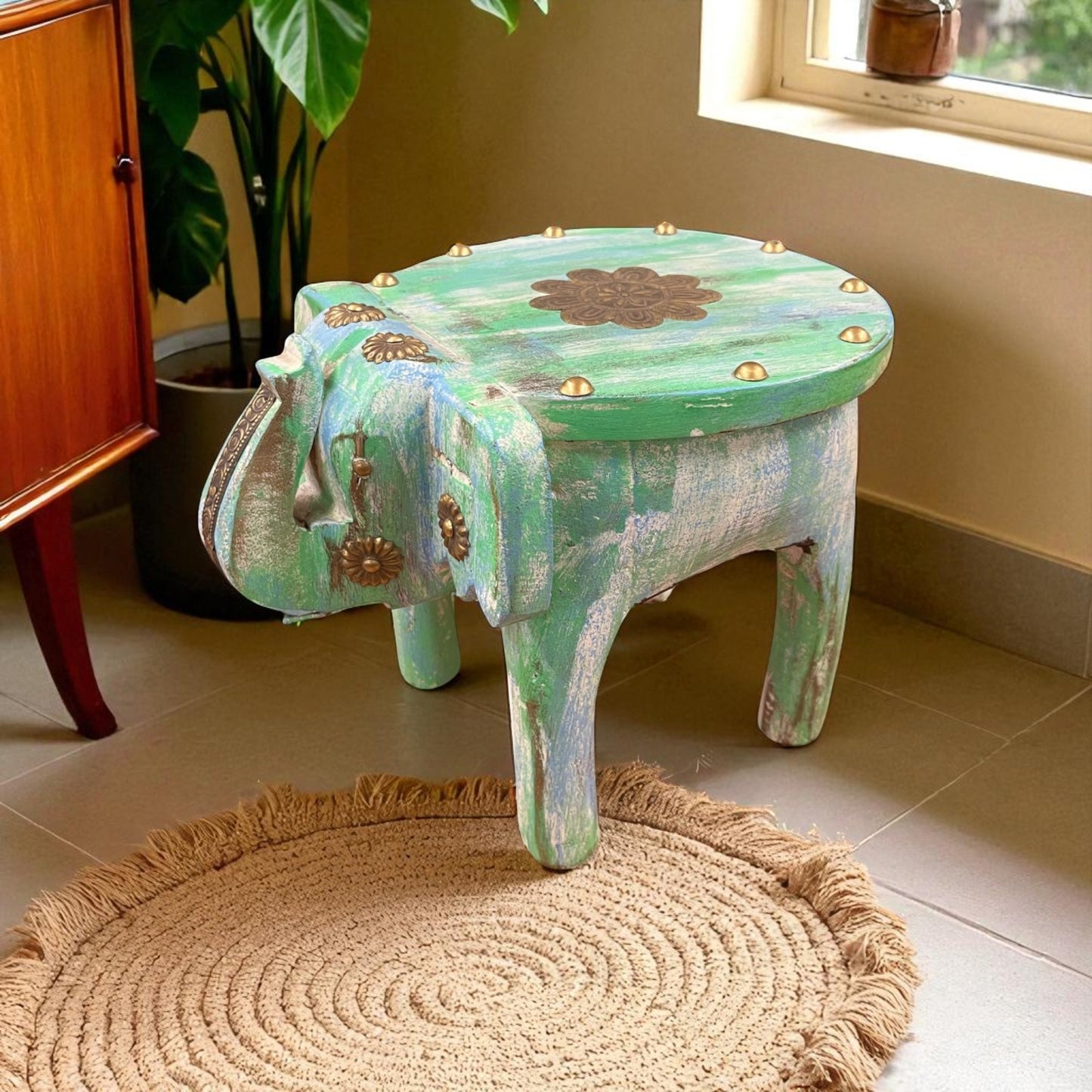 Handcrafted Wooden Elephant Stool - Green