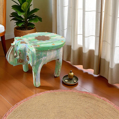 Handcrafted Wooden Elephant Stool - Green