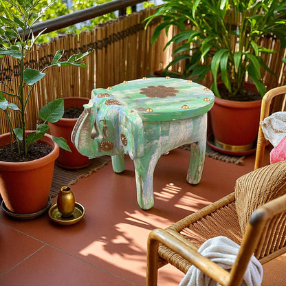 Handcrafted Wooden Elephant Stool - Green