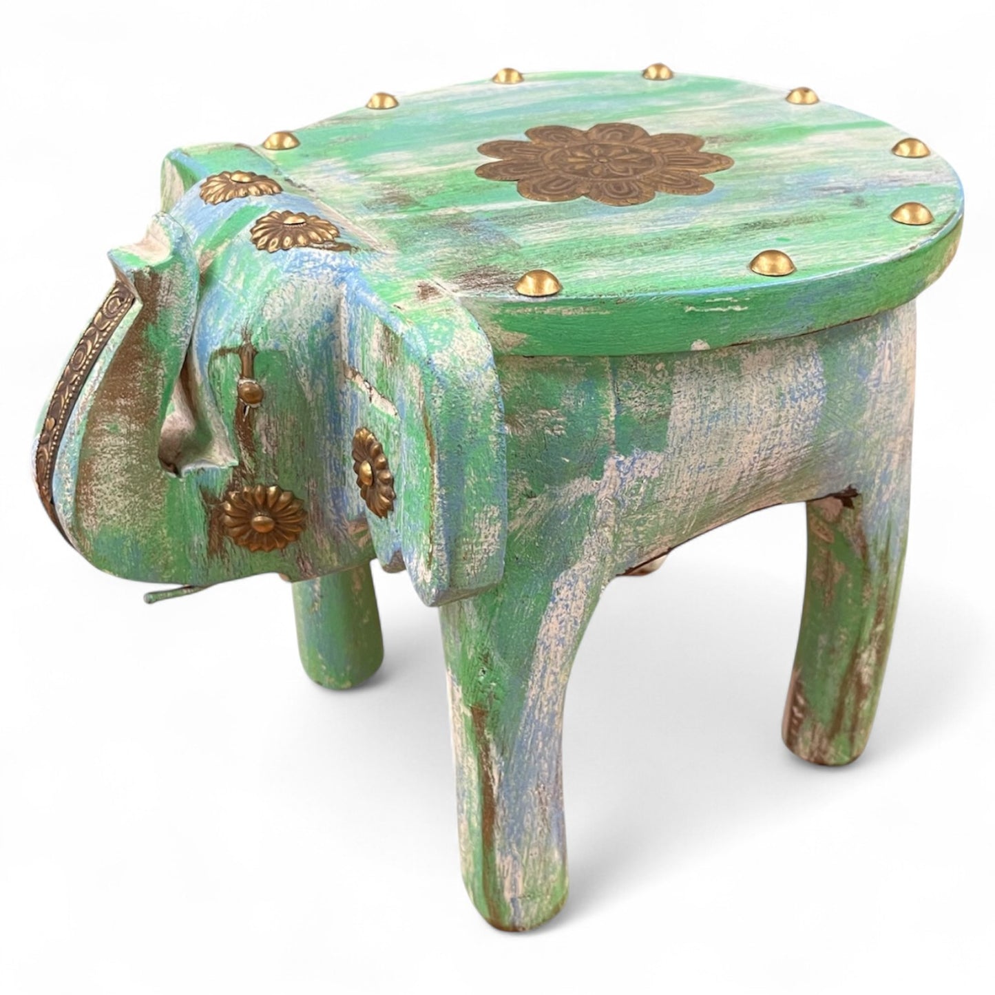 Handcrafted Wooden Elephant Stool - Green