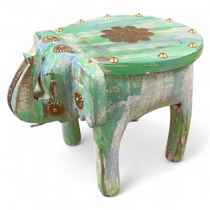Handcrafted Wooden Elephant Stool - Green