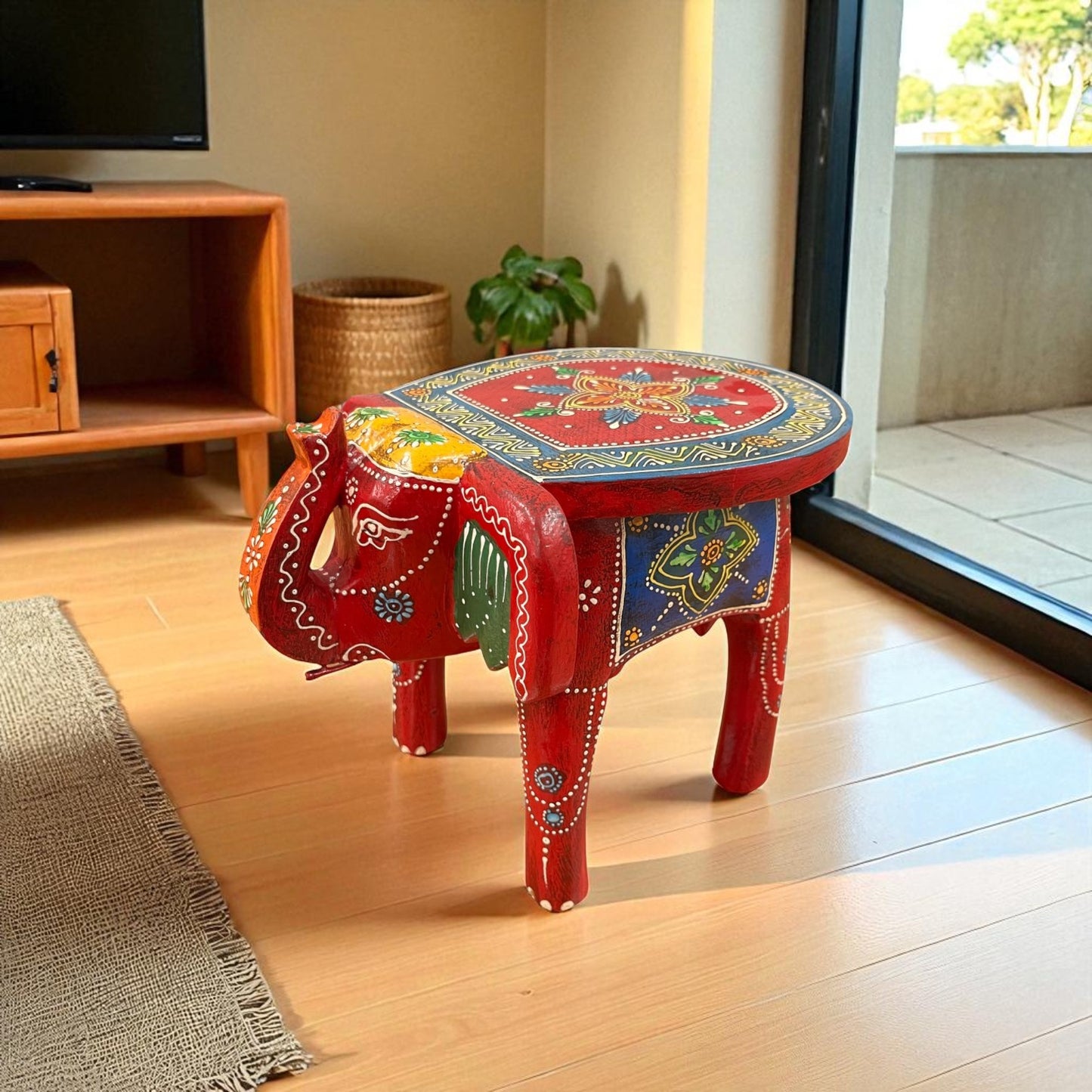 Handcrafted Wooden Elephant Stool - Red