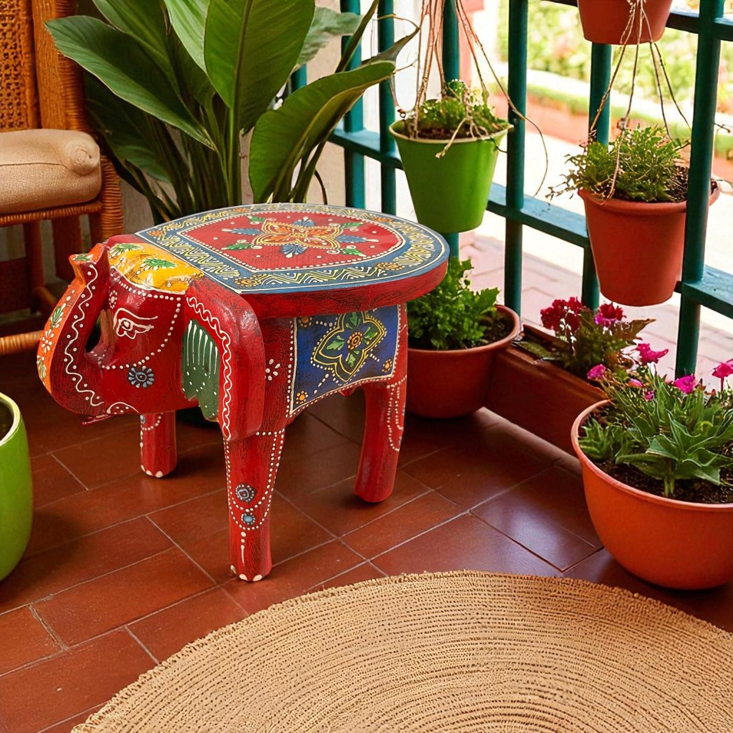Handcrafted Wooden Elephant Stool - Red