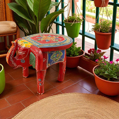 Handcrafted Wooden Elephant Stool - Red
