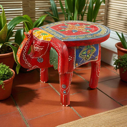 Handcrafted Wooden Elephant Stool - Red
