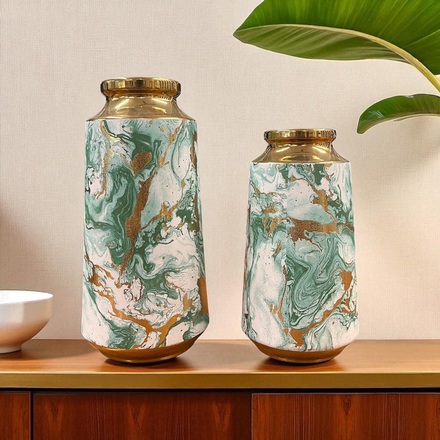 Green & Gold Marble Finish Vase Set