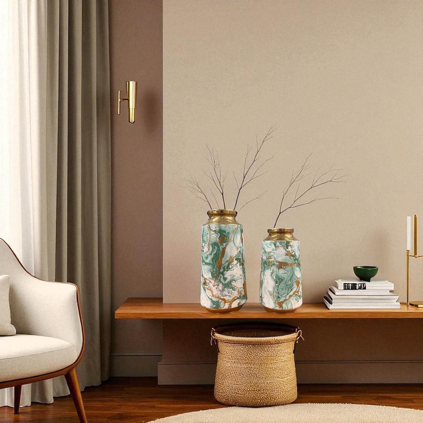 Green & Gold Marble Finish Vase Set