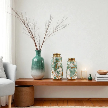 Green & Gold Marble Finish Vase Set